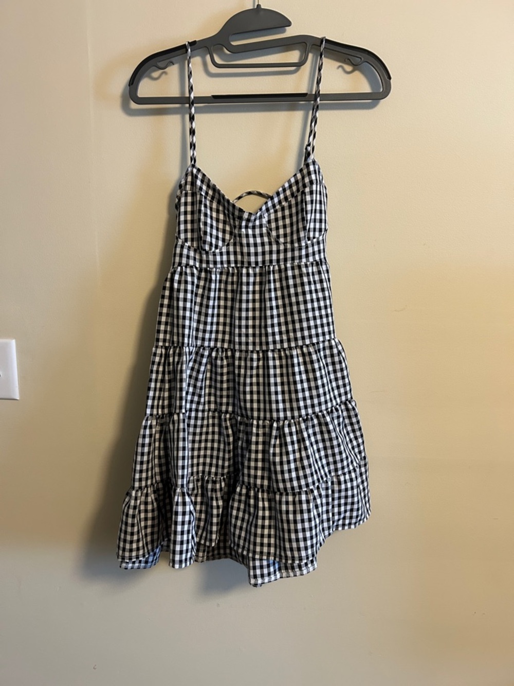 Black & White Gingham Tiered Mini Dress with Spaghetti Straps